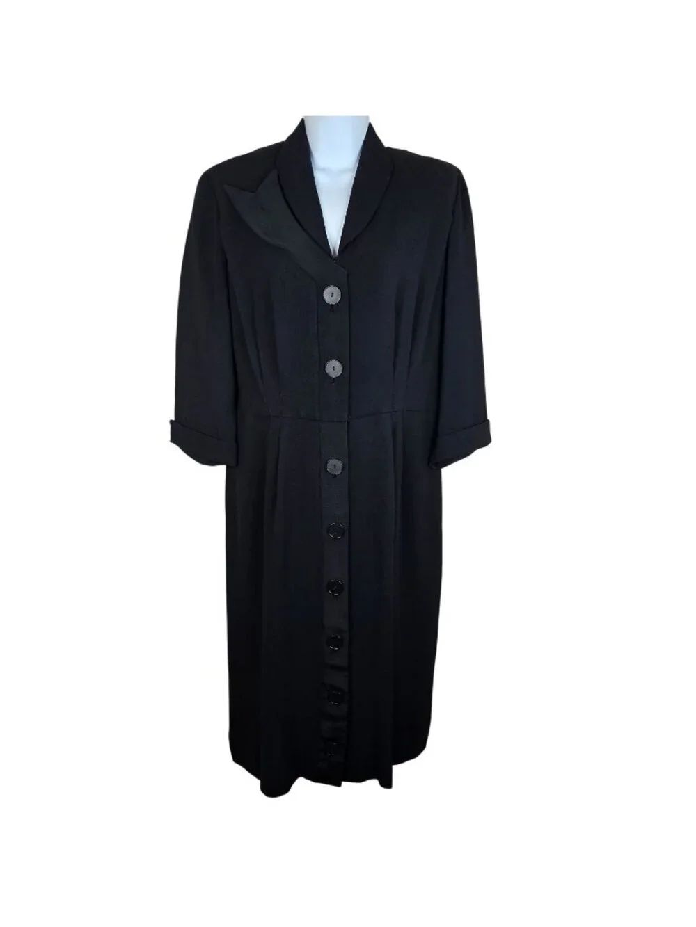 Vintage 40s Black Button-Up Midi Day Dress Medium Shawl Collar 3/4 Sleeves Crepe
